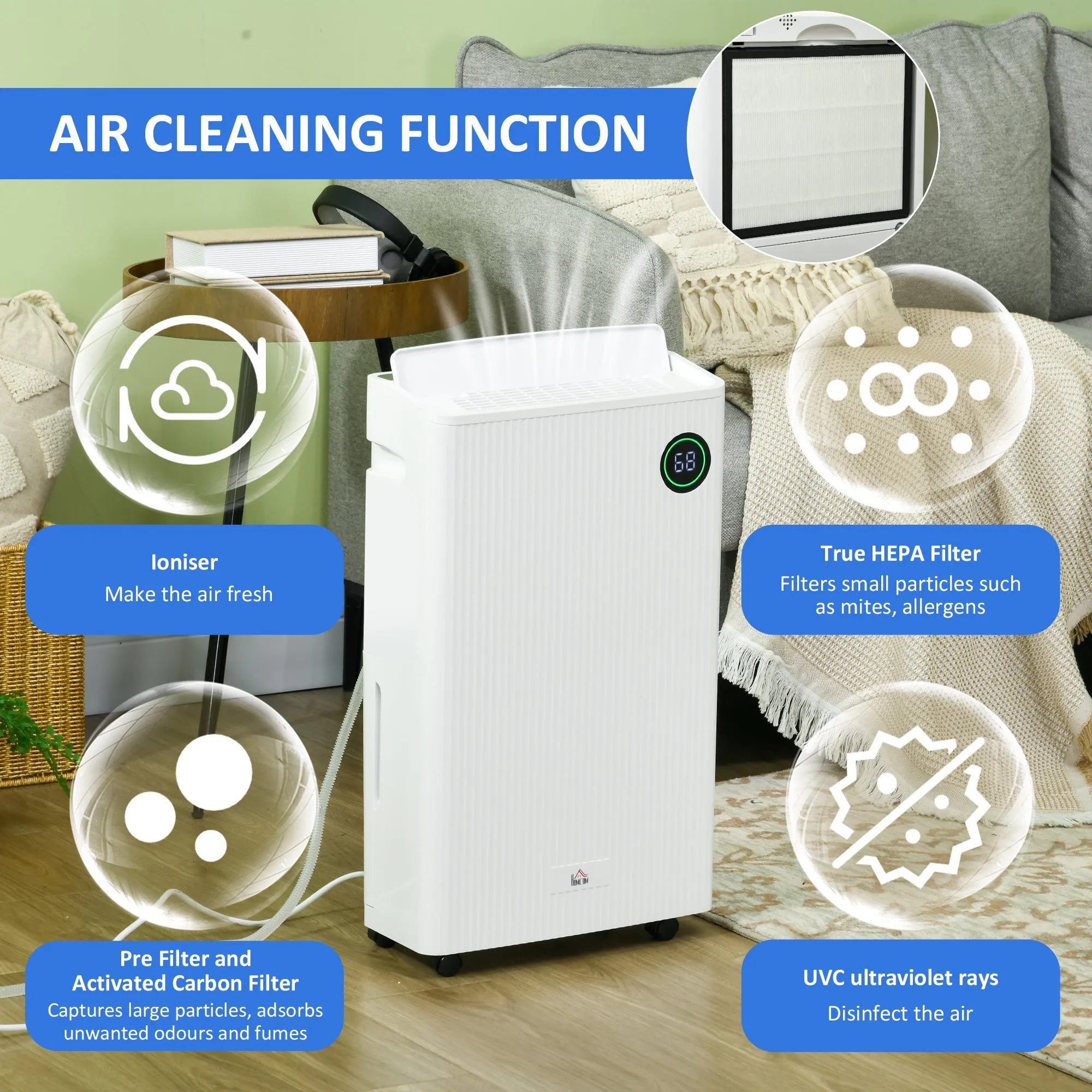 16L/Day Quiet Air Dehumidifier with Purifier, UVC, Ioniser, Timer, White