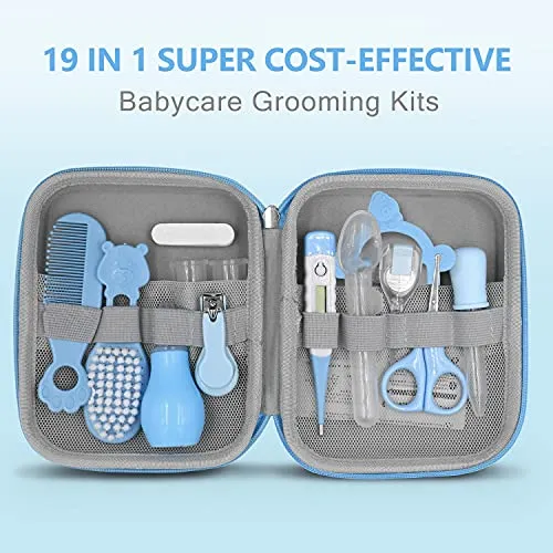 19 in 1 Baby Grooming Kit,Newborn Nursery Health Care Set Include Hair Brush Comb Finger Toothbrush,Nail Clippers,Nasal Aspirator,Ear Cleaner,etc. for Infant Toddlers Boys Girls Kids(Blue)