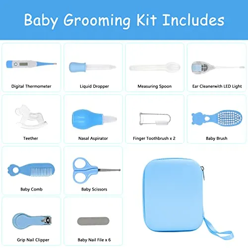 19 in 1 Baby Grooming Kit,Newborn Nursery Health Care Set Include Hair Brush Comb Finger Toothbrush,Nail Clippers,Nasal Aspirator,Ear Cleaner,etc. for Infant Toddlers Boys Girls Kids(Blue)