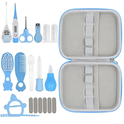 19 in 1 Baby Grooming Kit,Newborn Nursery Health Care Set Include Hair Brush Comb Finger Toothbrush,Nail Clippers,Nasal Aspirator,Ear Cleaner,etc. for Infant Toddlers Boys Girls Kids(Blue)