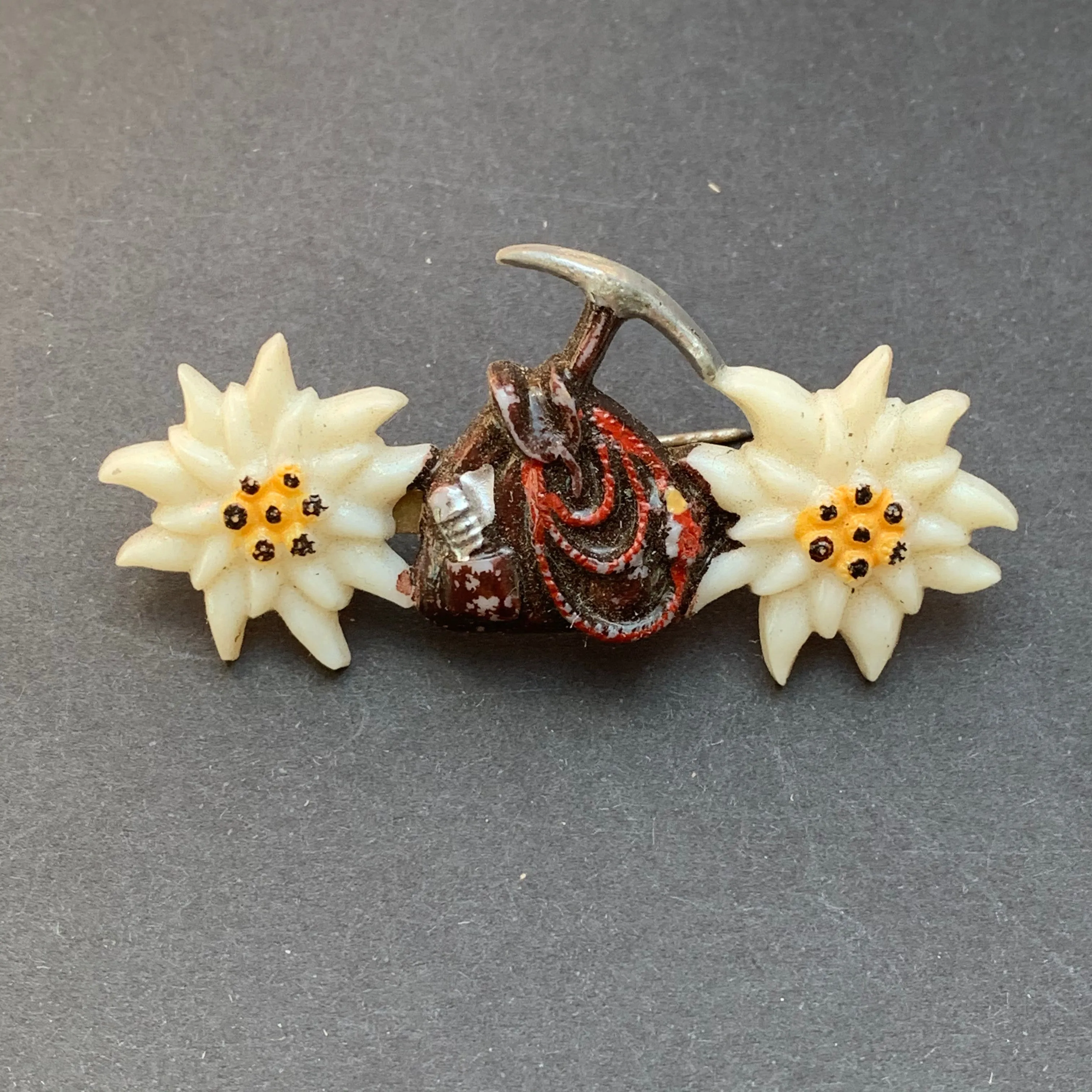 1940s Hand Painted Celluloid Edelweiss and Rucksack Brooches