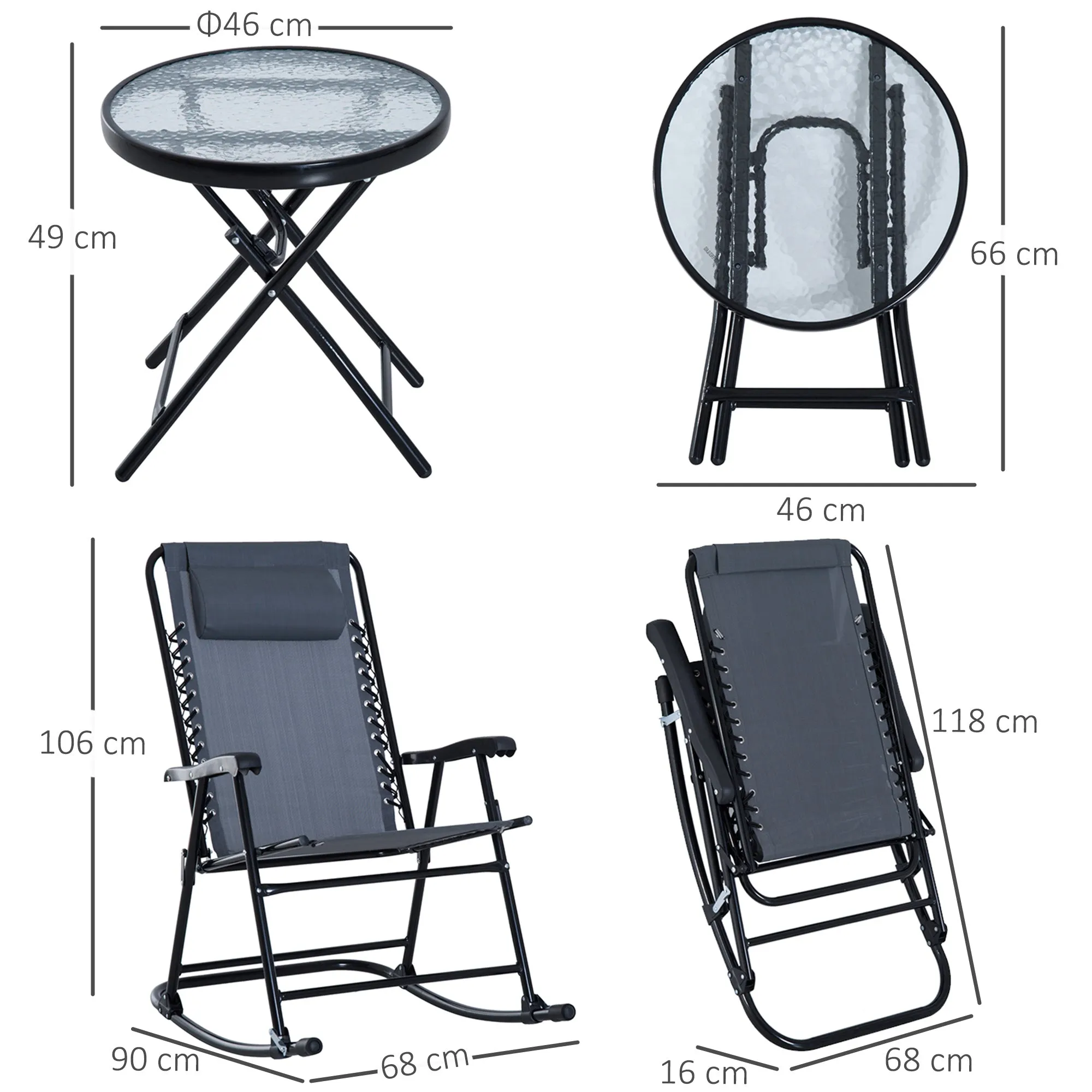 3 Piece Outdoor Rocking Set with 2 Folding Chairs and 1 Tempered Glass Table, Patio Bistro Set for Garden, Deck, Grey