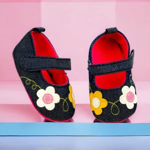 Baby Moo Floral Applique Anti-Skid Ballerina Booties - Navy Blue