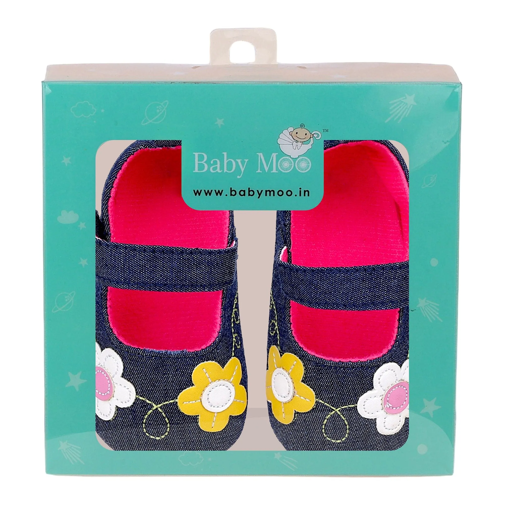 Baby Moo Floral Applique Anti-Skid Ballerina Booties - Navy Blue