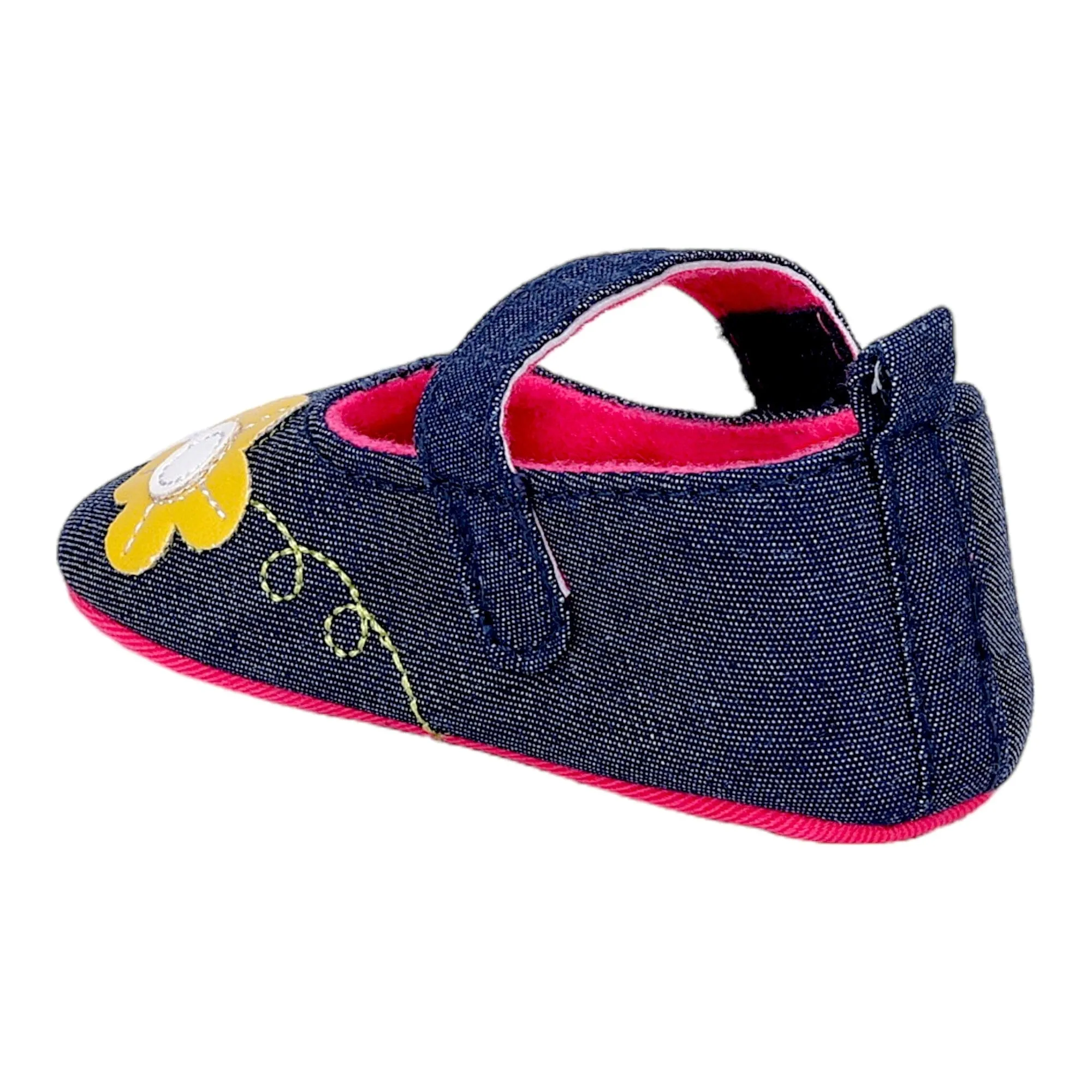 Baby Moo Floral Applique Anti-Skid Ballerina Booties - Navy Blue