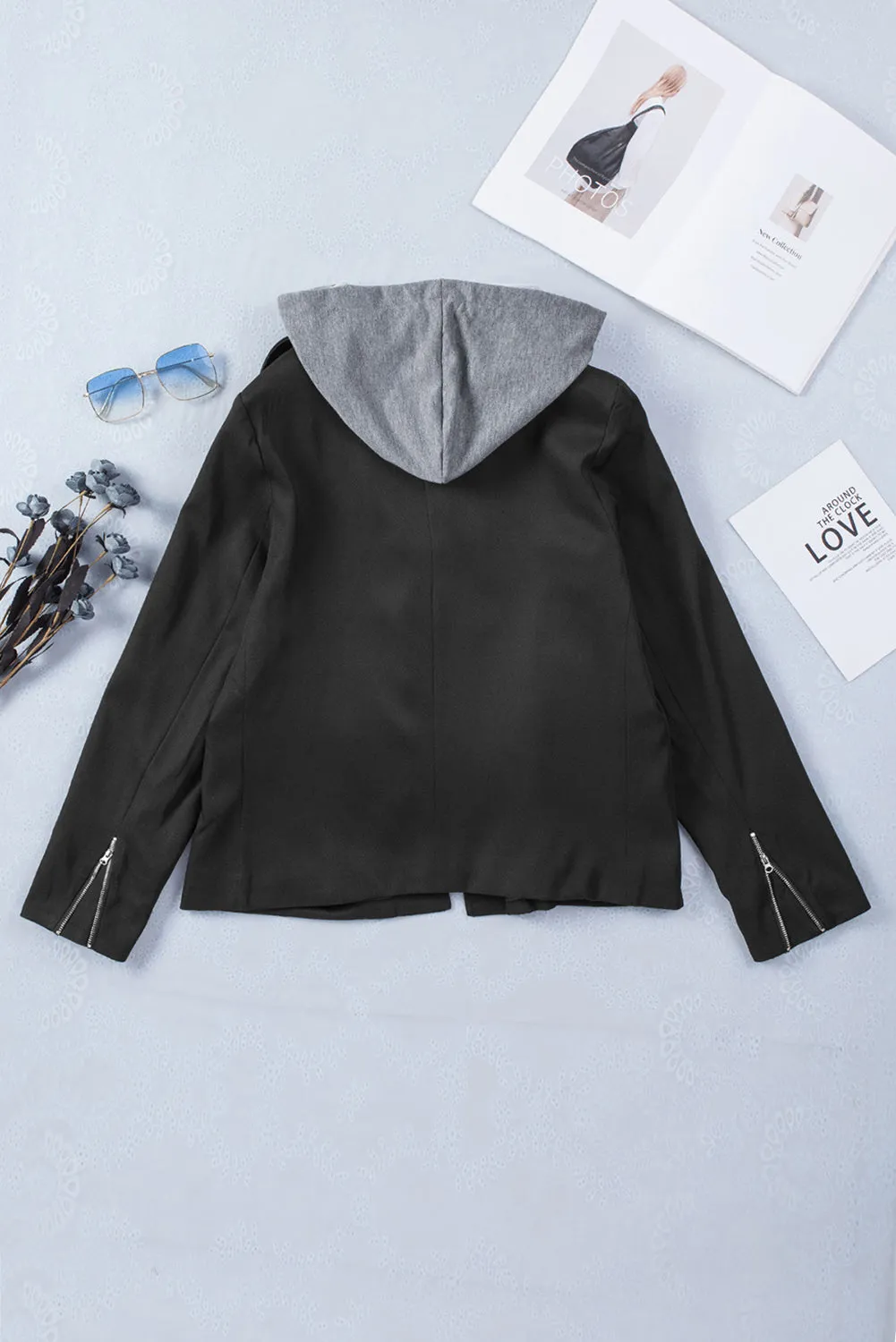 Black Notch Collar Detachable Hood Zipped Jacket