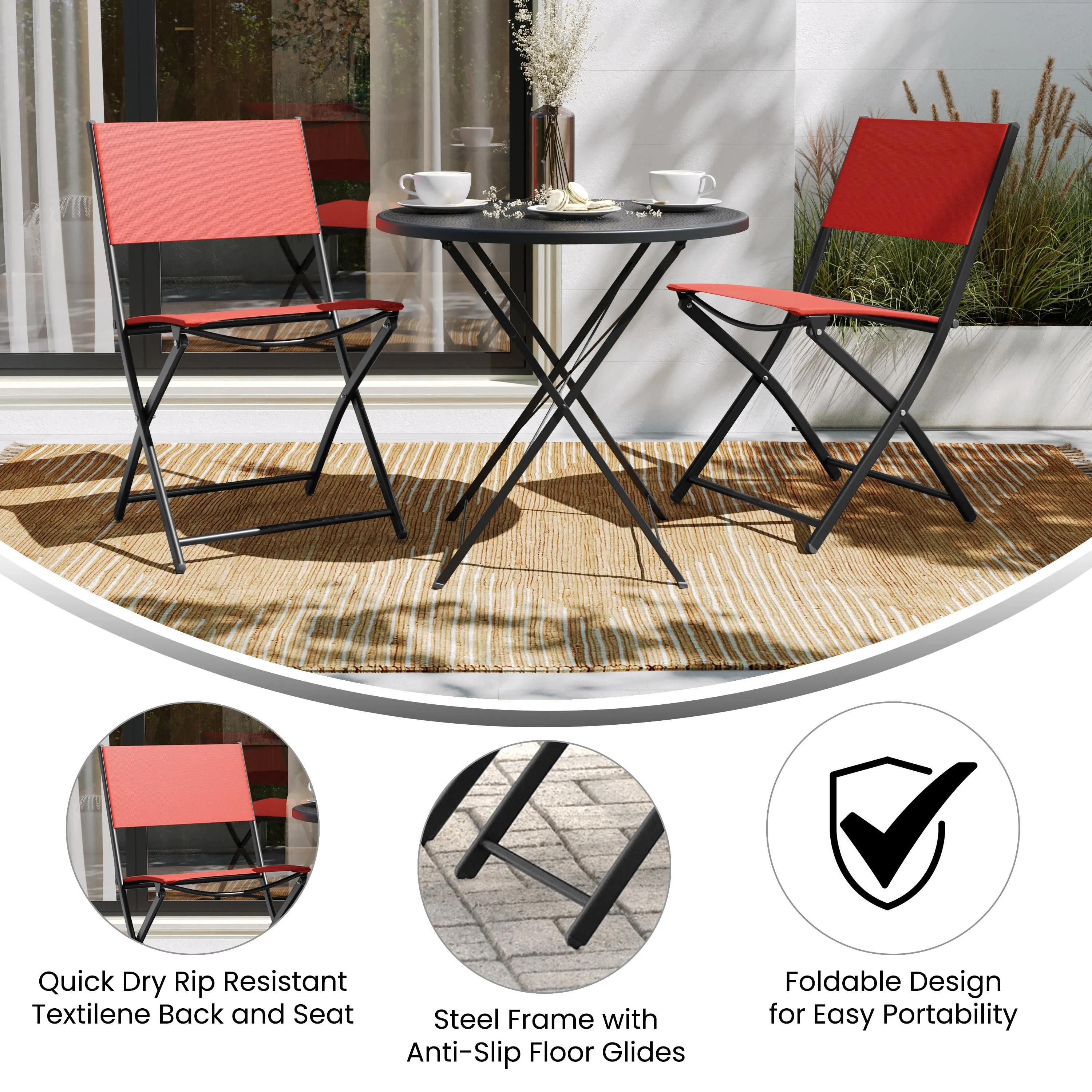 Brazos Set of 2 Commercial Grade Indoor/Outdoor Folding Chairs with Flex Comfort Material Backs and Seats and Metal Frames