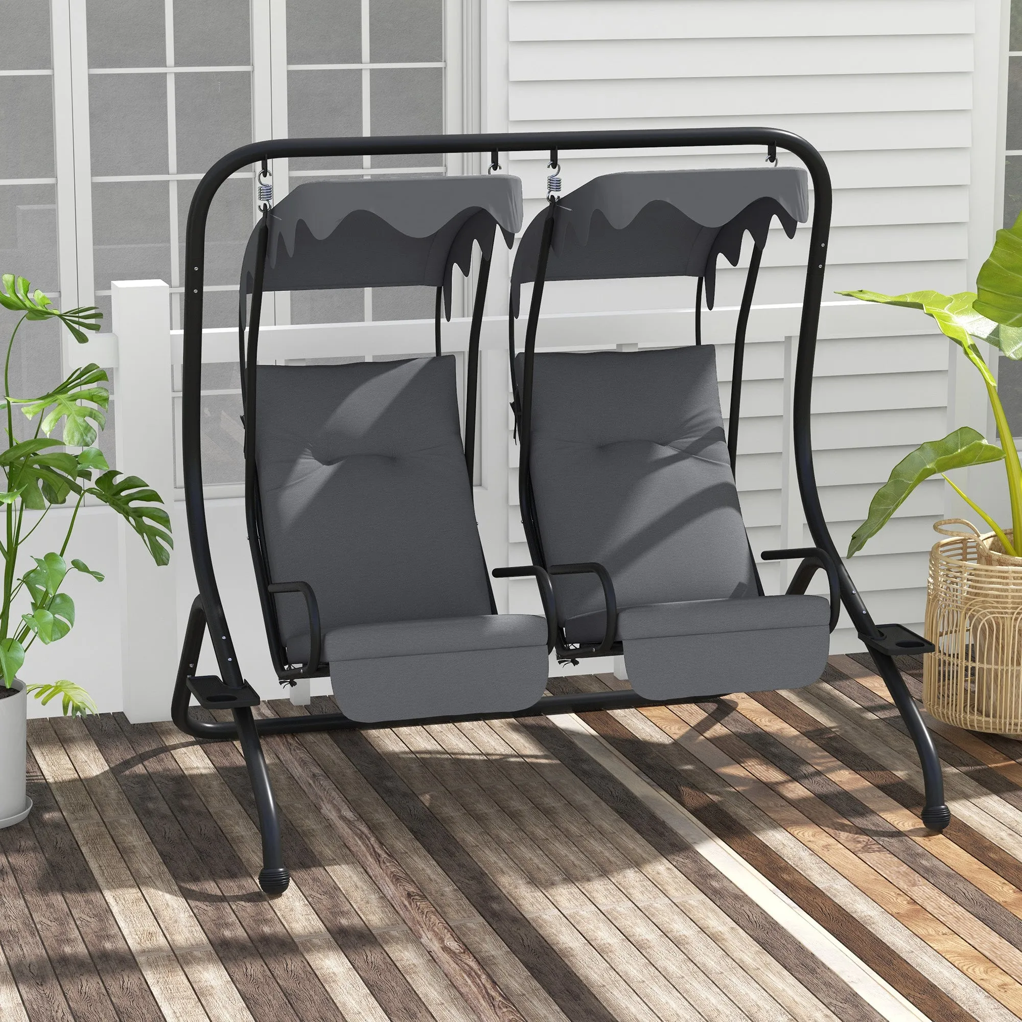 Canopy Swing Chair Modern Garden Swing Seat Outdoor Relax Chairs w/ 2 Separate Chairs, Cushions and Removable Shade Canopy, Grey