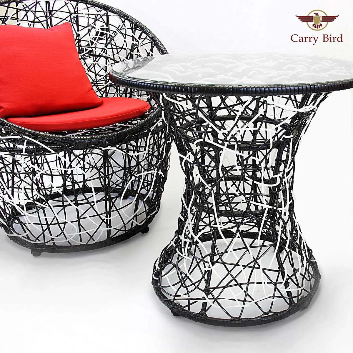 Carry Bird 3 Piece Round Plastic Rattan Circle Outdoor Furniture | 2 Seater Balcony Sofa with Small Tea Table | Set of 2 Outdoor Patio Chairs with Coffee Table | 3PC- Black & White Wicker Red Cushion