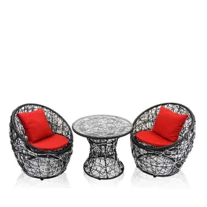 Carry Bird 3 Piece Round Plastic Rattan Circle Outdoor Furniture | 2 Seater Balcony Sofa with Small Tea Table | Set of 2 Outdoor Patio Chairs with Coffee Table | 3PC- Black & White Wicker Red Cushion