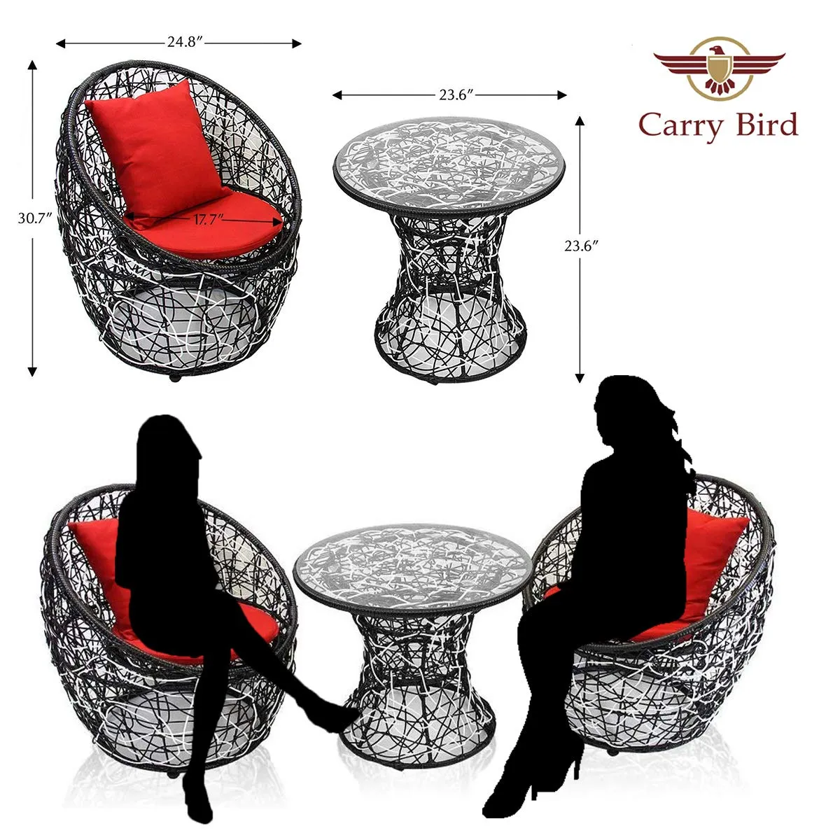 Carry Bird 3 Piece Round Plastic Rattan Circle Outdoor Furniture | 2 Seater Balcony Sofa with Small Tea Table | Set of 2 Outdoor Patio Chairs with Coffee Table | 3PC- Black & White Wicker Red Cushion