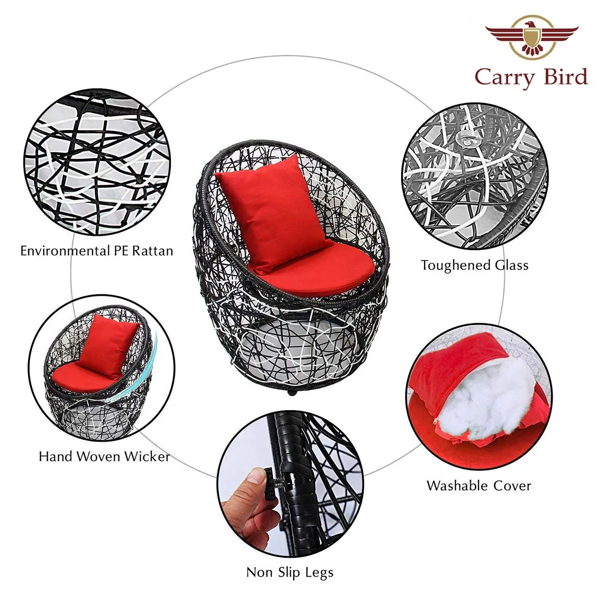 Carry Bird 3 Piece Round Plastic Rattan Circle Outdoor Furniture | 2 Seater Balcony Sofa with Small Tea Table | Set of 2 Outdoor Patio Chairs with Coffee Table | 3PC- Black & White Wicker Red Cushion