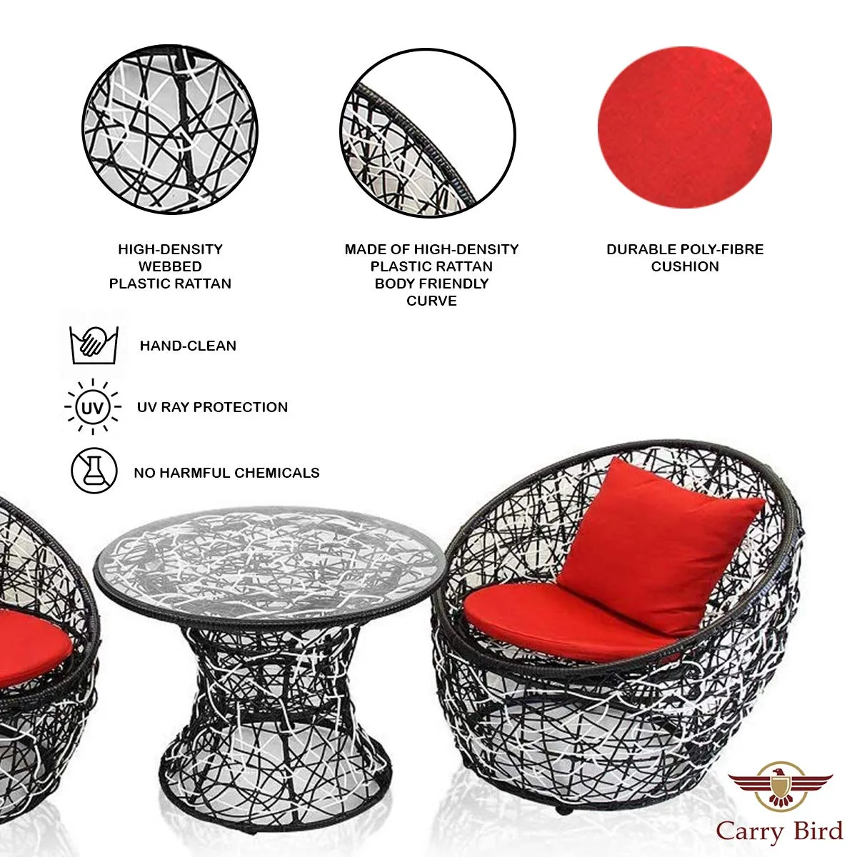 Carry Bird 3 Piece Round Plastic Rattan Circle Outdoor Furniture | 2 Seater Balcony Sofa with Small Tea Table | Set of 2 Outdoor Patio Chairs with Coffee Table | 3PC- Black & White Wicker Red Cushion