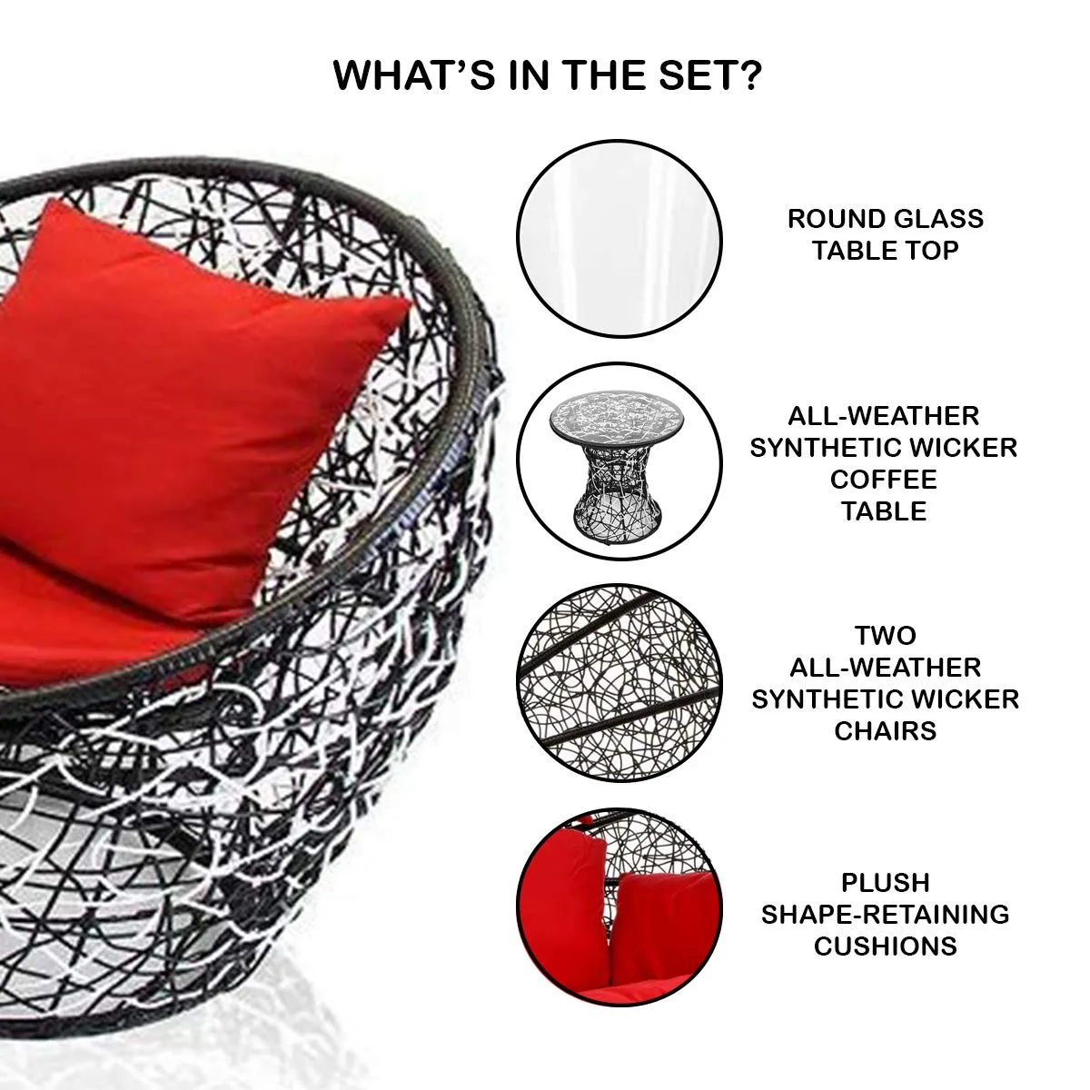 Carry Bird 3 Piece Round Plastic Rattan Circle Outdoor Furniture | 2 Seater Balcony Sofa with Small Tea Table | Set of 2 Outdoor Patio Chairs with Coffee Table | 3PC- Black & White Wicker Red Cushion