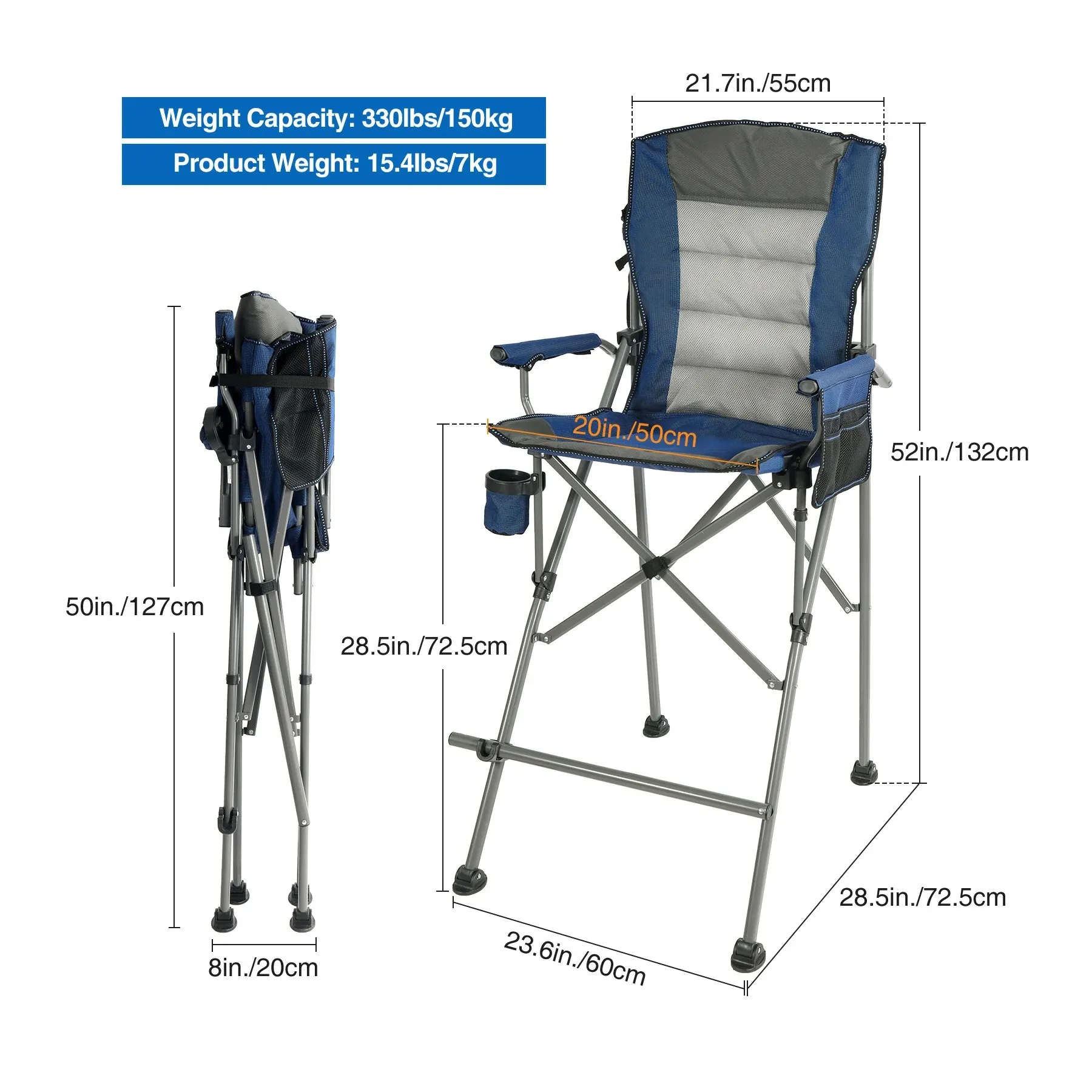 Extra Tall Bar Height Foldable Director Chairs for Adults with High Back and Hard Arms, Support 330lbs