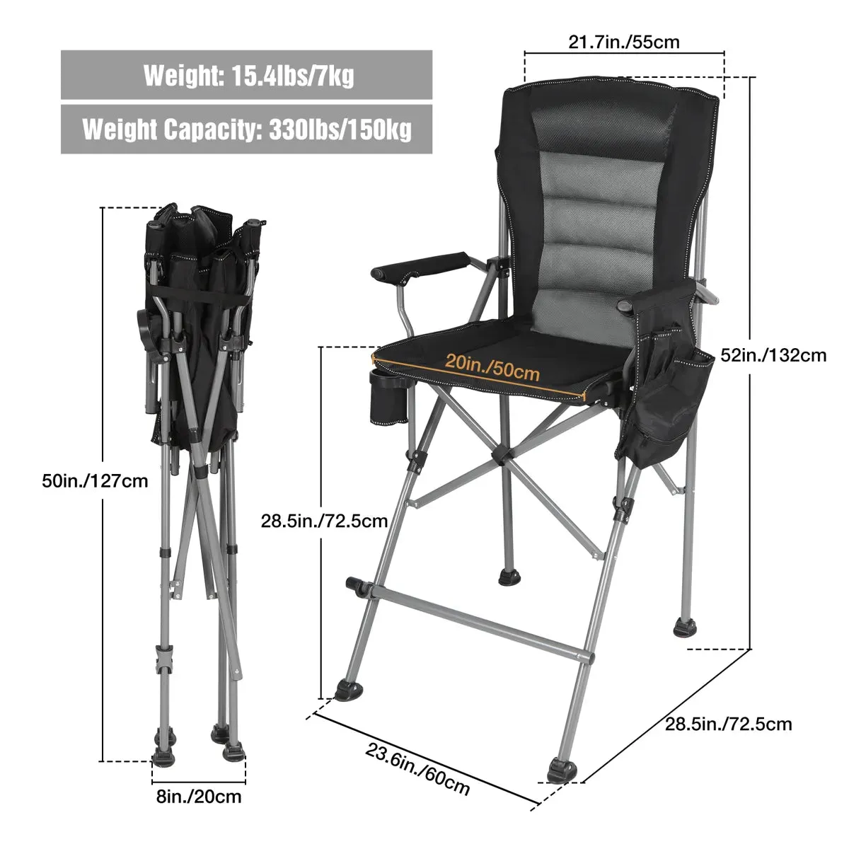 Extra Tall Bar Height Foldable Director Chairs for Adults with High Back and Hard Arms, Support 330lbs