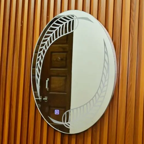 Lighted LED Wall Mirror, Leaf Shaped Frameless Round Mirror for Living Room, Bedroom, Bathroom