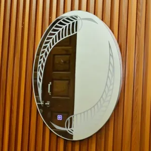 Lighted LED Wall Mirror, Leaf Shaped Frameless Round Mirror for Living Room, Bedroom, Bathroom