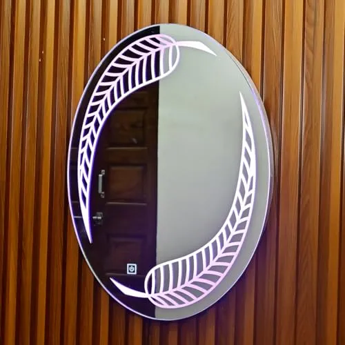 Lighted LED Wall Mirror, Leaf Shaped Frameless Round Mirror for Living Room, Bedroom, Bathroom