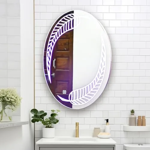 Lighted LED Wall Mirror, Leaf Shaped Frameless Round Mirror for Living Room, Bedroom, Bathroom