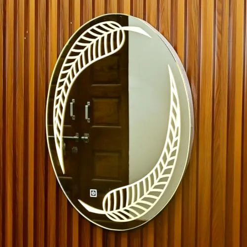 Lighted LED Wall Mirror, Leaf Shaped Frameless Round Mirror for Living Room, Bedroom, Bathroom