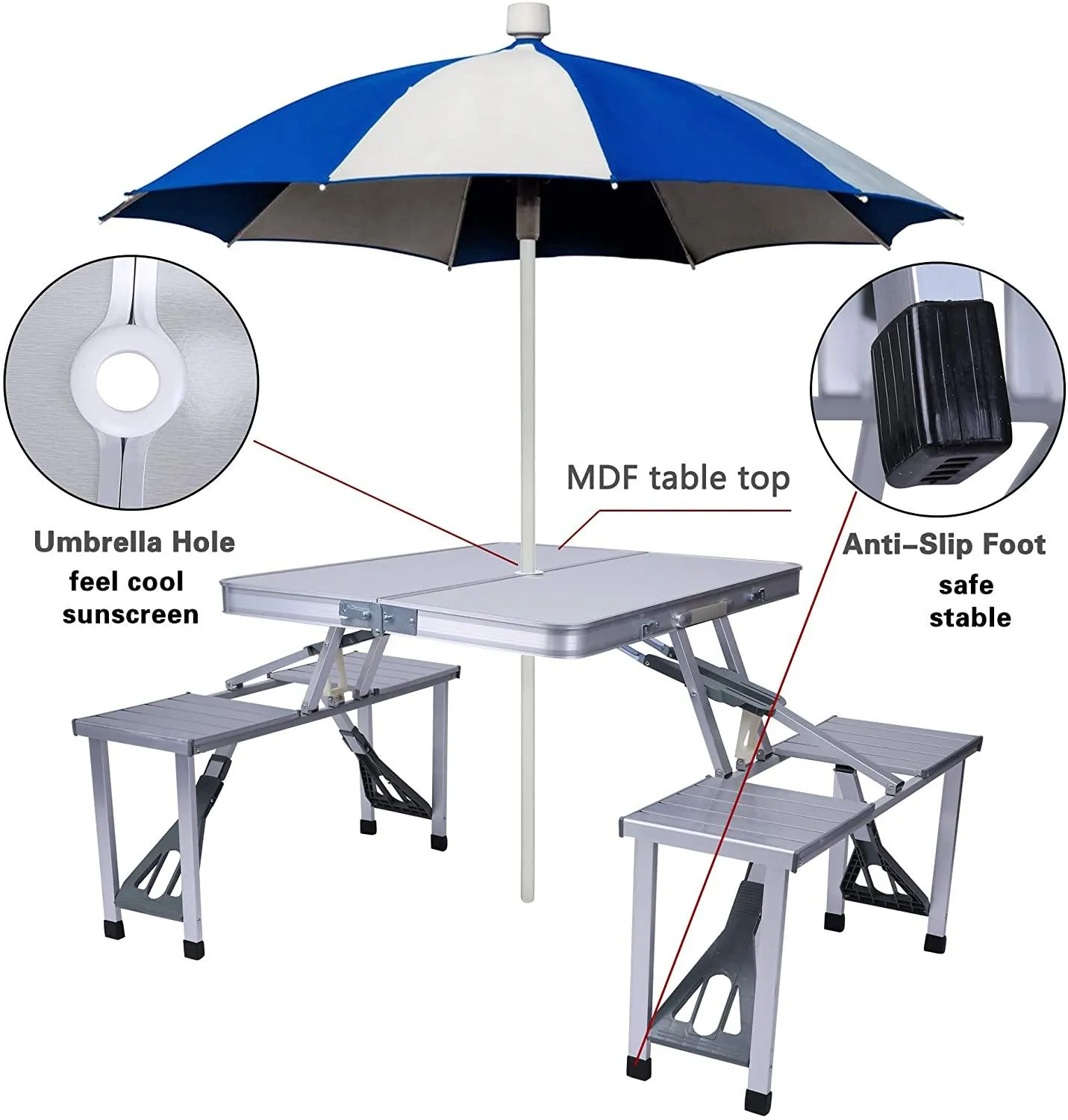 Picnic Table Folding Camping Table Chair Set with 4 Seats Chairs and Umbrella Hole