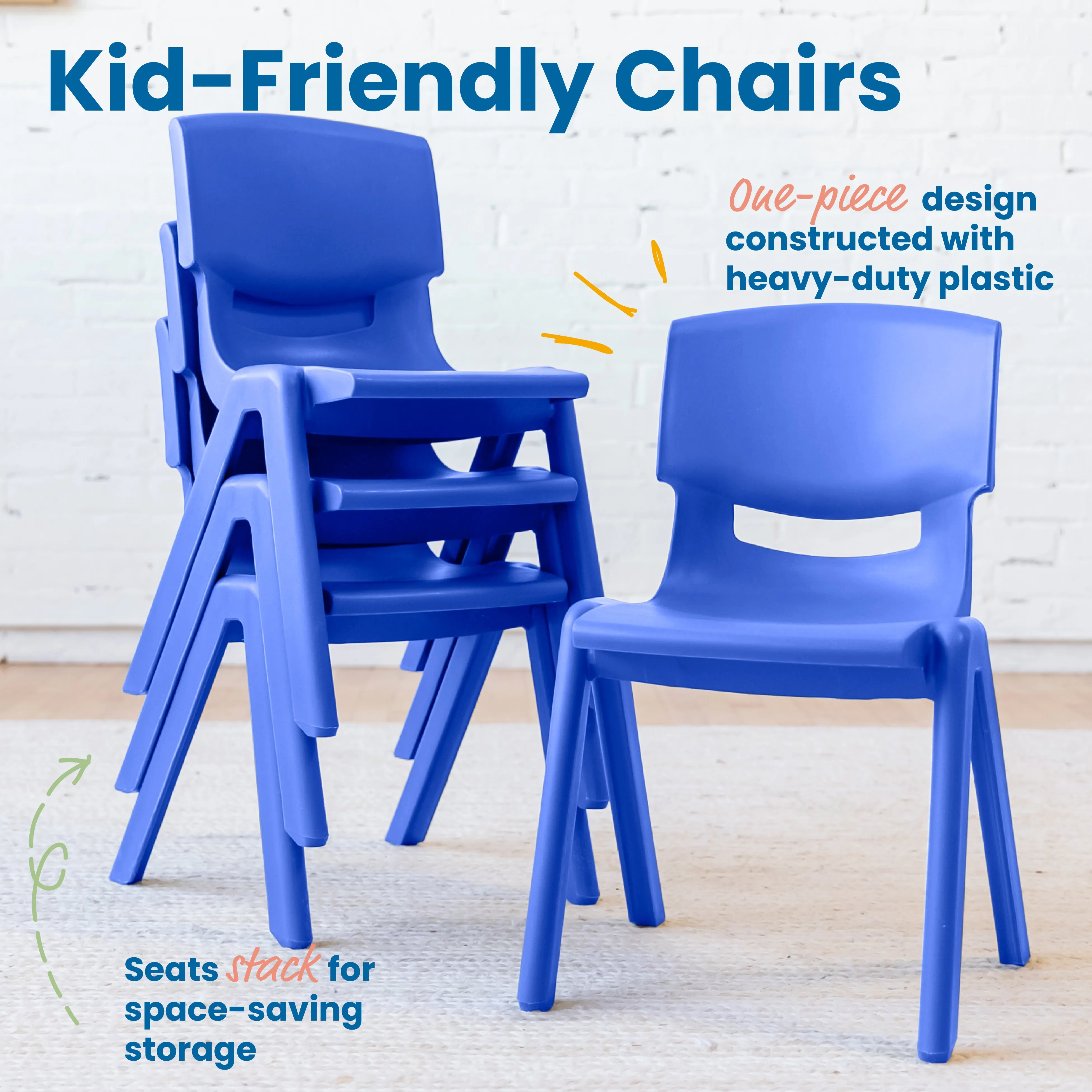 Plastic School Stack Chair for Indoors and Outdoors, Flexible Seating, 14in Seat Height, 4-Pack