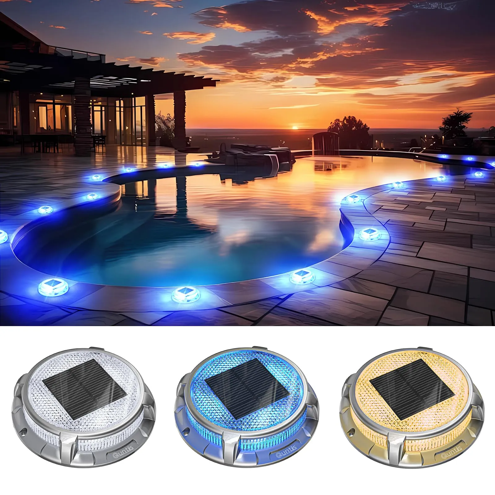 Solar Deck Lights, 3 Colors in 1 Solar Lights Outdoor, IP68 Waterproof Solar Dock Lights with Ground Spikes, Wide Illumination Range Driveway Lights for Garden Stair Path Walkway