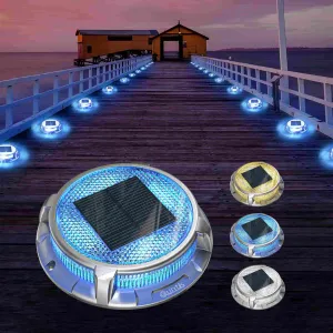 Solar Deck Lights, 3 Colors in 1 Solar Lights Outdoor, IP68 Waterproof Solar Dock Lights with Ground Spikes, Wide Illumination Range Driveway Lights for Garden Stair Path Walkway