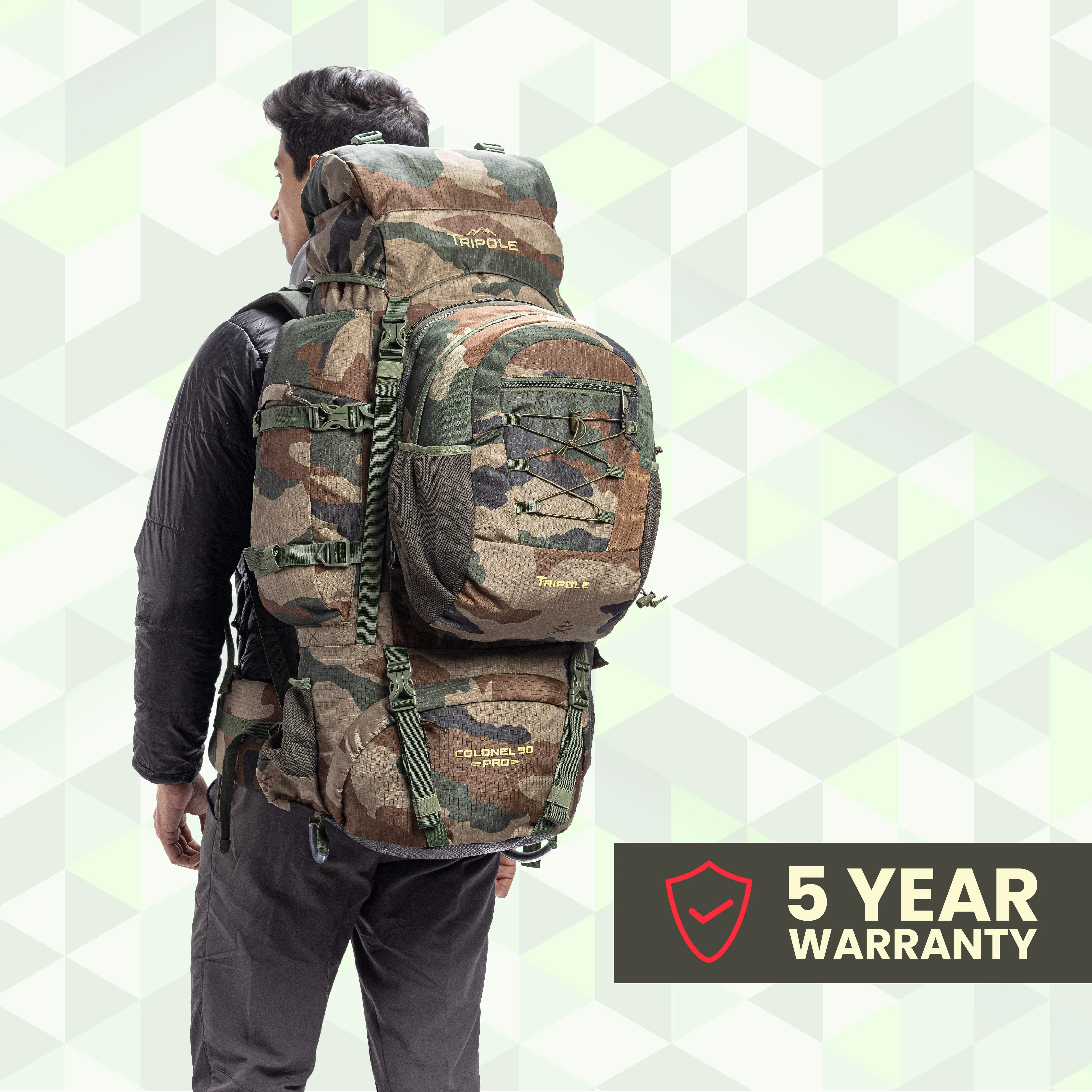 Tripole Colonel Pro Metal Frame Rucksack with Detachable Day Pack and Rain Cover for Trekking and Travelling | 5 Year Warranty (105 Ltr, Indian Army)