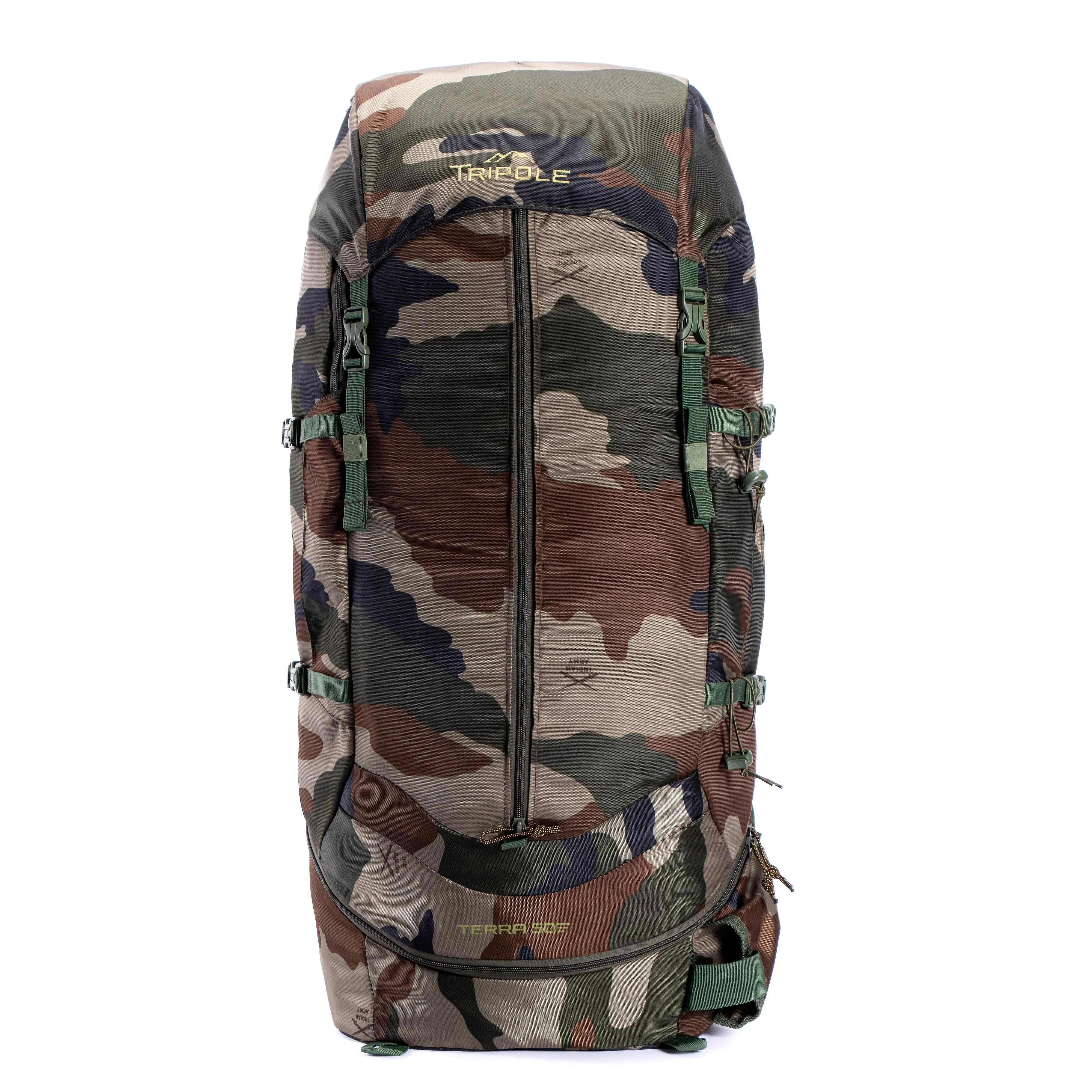 Tripole Terra Backpacking and Trekking Rucksack with Front Opening, Rain Cover and Metal Frame | Indian Army | 50 Litres