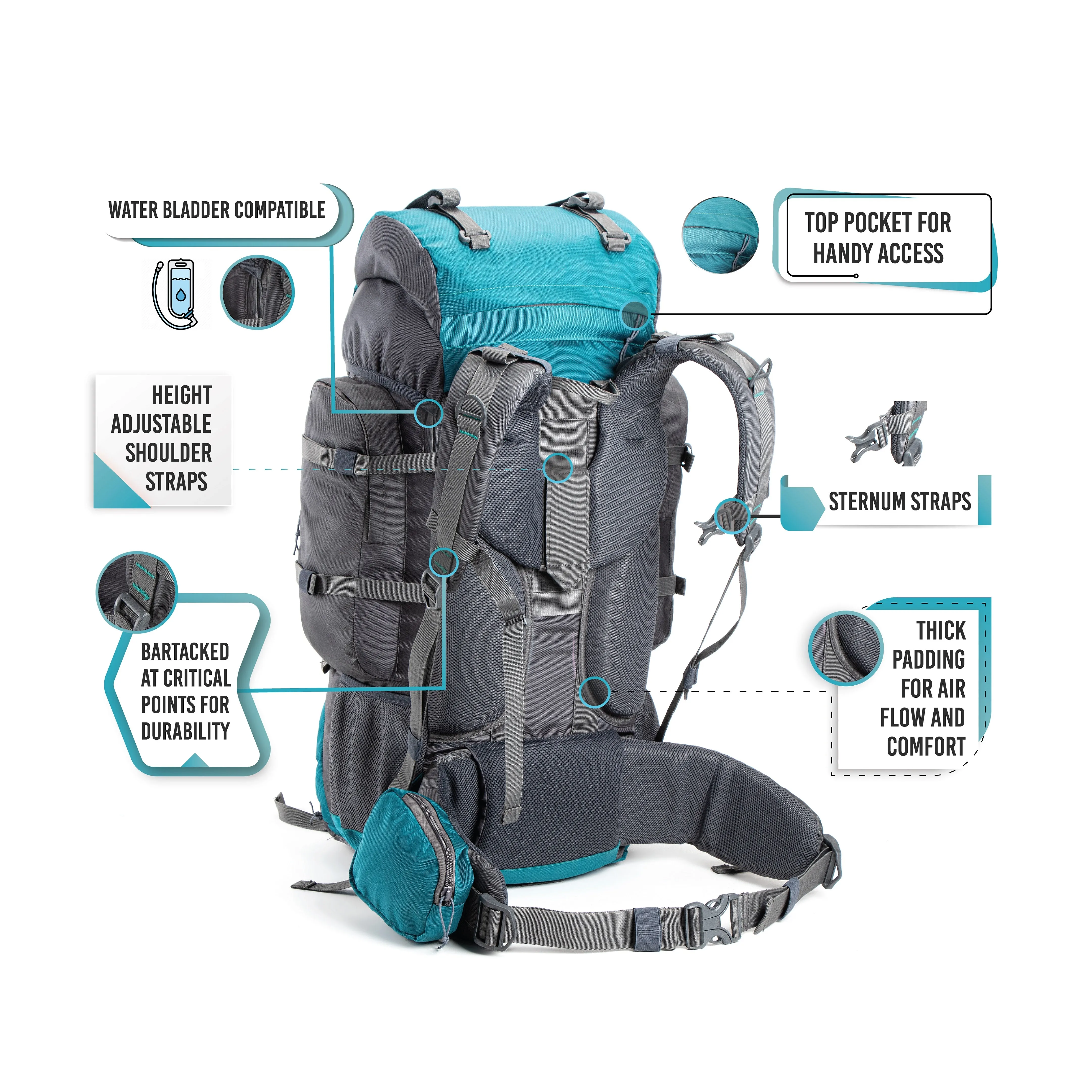 Walker 65 Litre Rucksack (Grey & Sea Green)   Foldable Day Pack