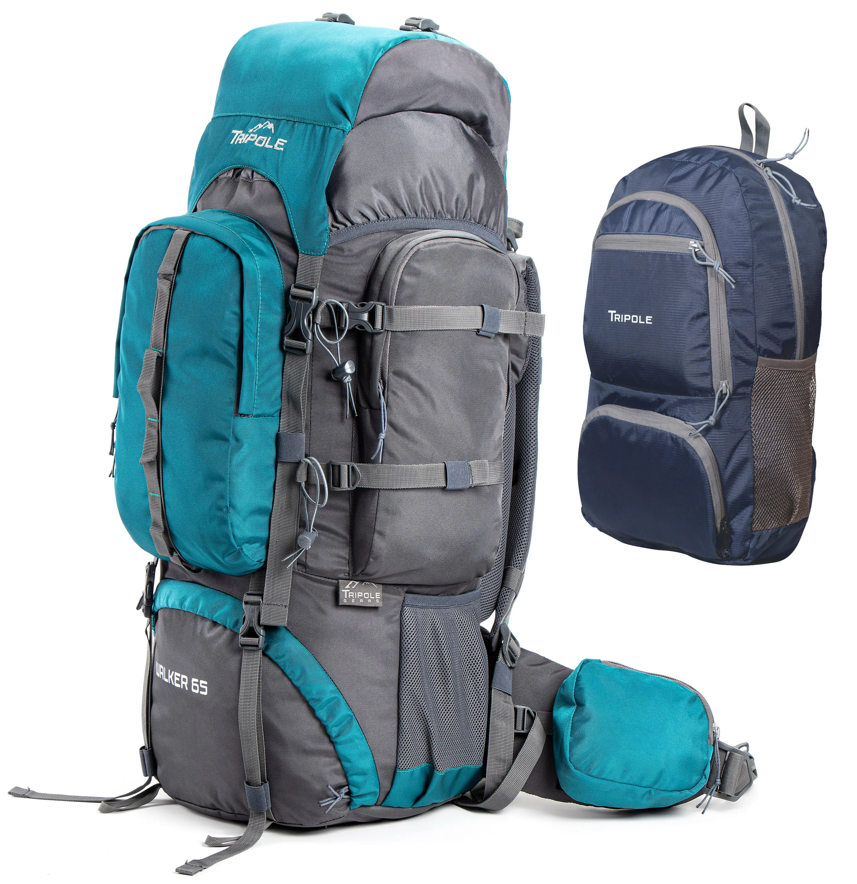 Walker 65 Litre Rucksack (Grey & Sea Green)   Foldable Day Pack