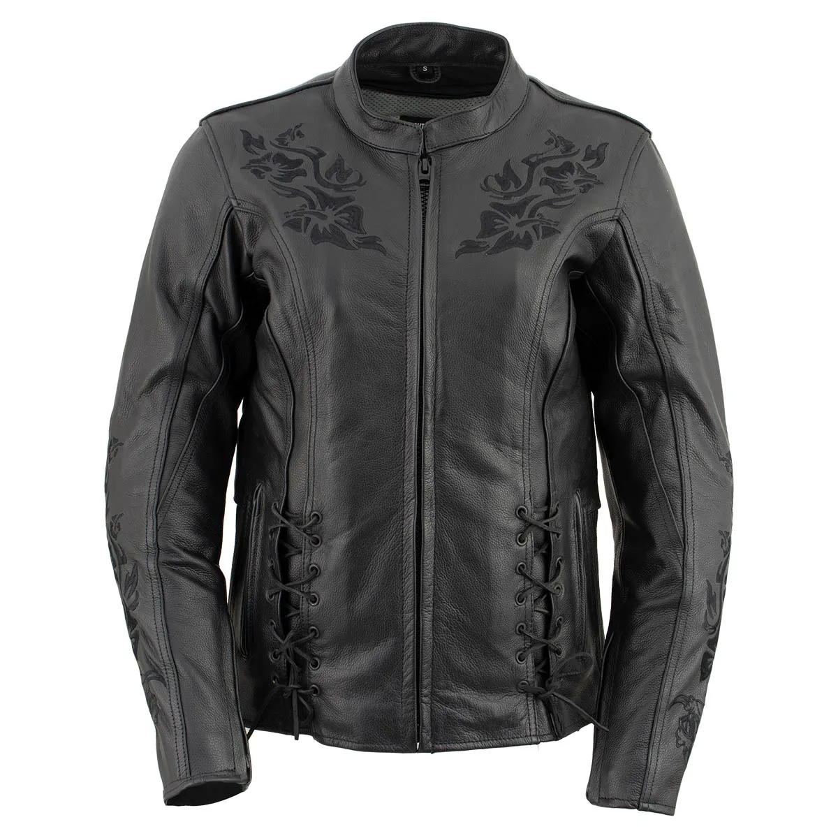 Xelement XS2030 Women's 'Gemma' Solid Black Leather Embroidered Jacket with X-Armor Protection